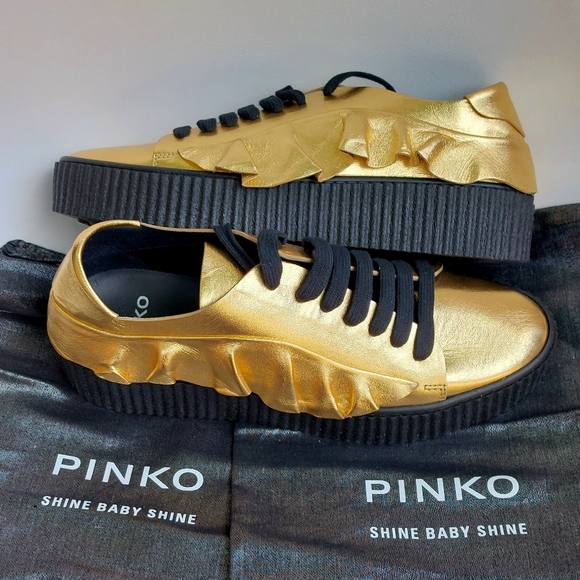 Pinko Shoes - Pinko ruffled gold leather Endine platform sneakers, EU40, NWT